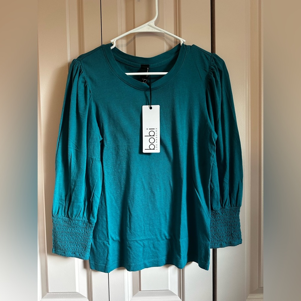Bobi Teal Smocked 3/4 Sleeve Tee